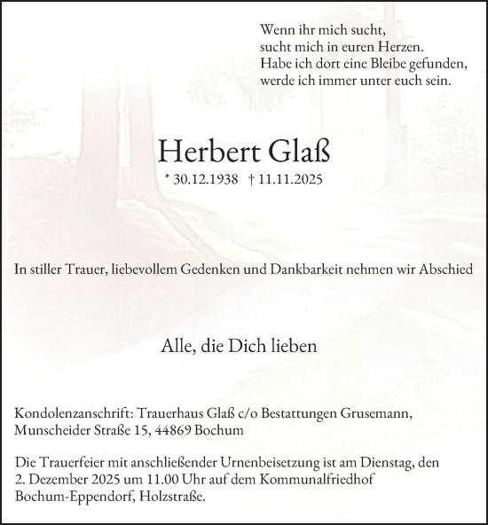 Traueranzeige von Herbert Glaß von Tageszeitung