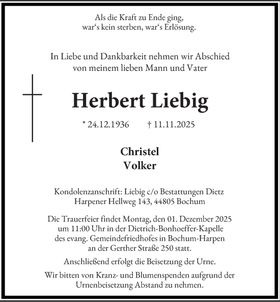 Traueranzeige von Herbert Liebig von Tageszeitung