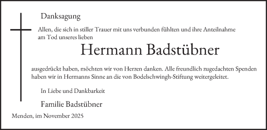 Traueranzeige von Hermann Badstübner von Tageszeitung