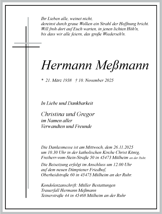 Traueranzeige von Hermann Meßmann von Tageszeitung