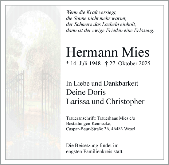 Traueranzeige von Hermann Mies von Tageszeitung