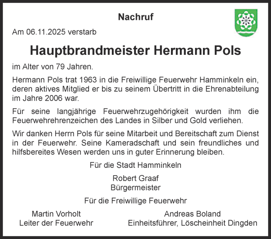 Traueranzeige von Hermann Pols von Tageszeitung