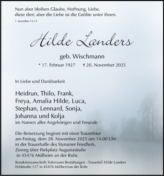 Traueranzeige von Hilde Landers von Tageszeitung