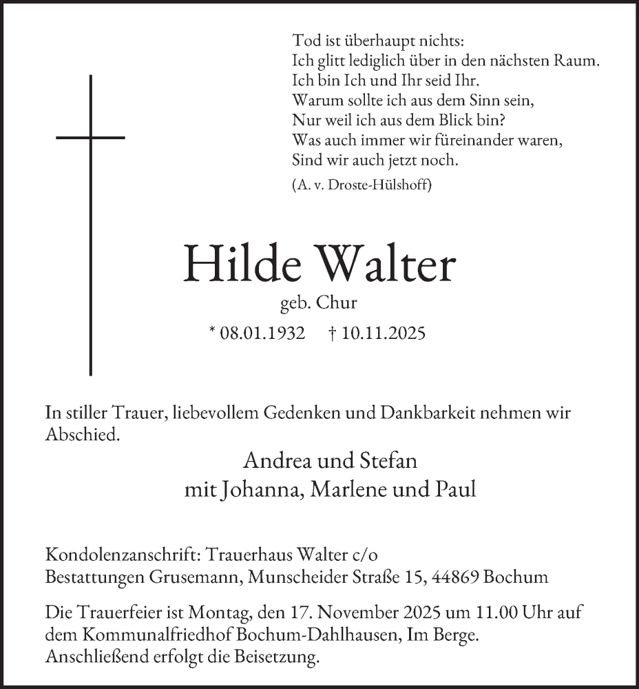  Traueranzeige für Hilde Walter vom 15.11.2025 aus Tageszeitung