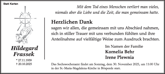 Traueranzeige von Hildegard Frassek von Tageszeitung