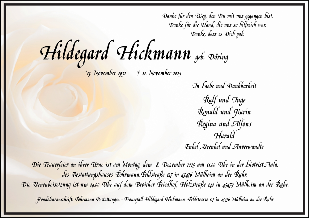  Traueranzeige für Hildegard Hickmann vom 29.11.2025 aus Tageszeitung