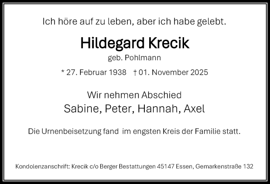 Traueranzeige von Hildegard Krecik von Tageszeitung