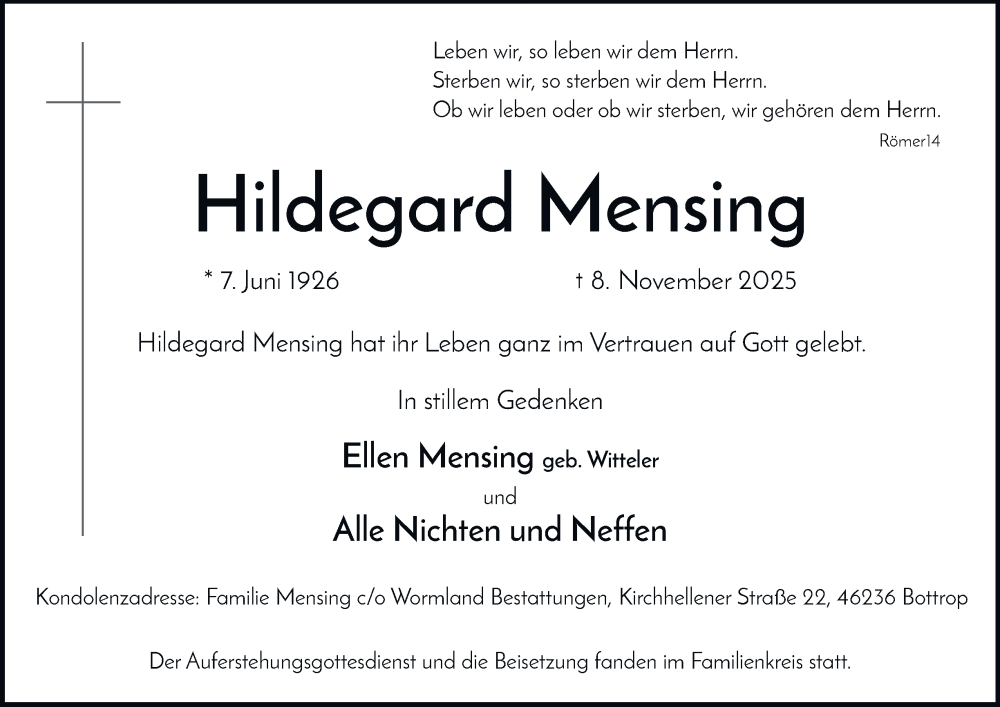  Traueranzeige für Hildegard Mensing vom 22.11.2025 aus Tageszeitung