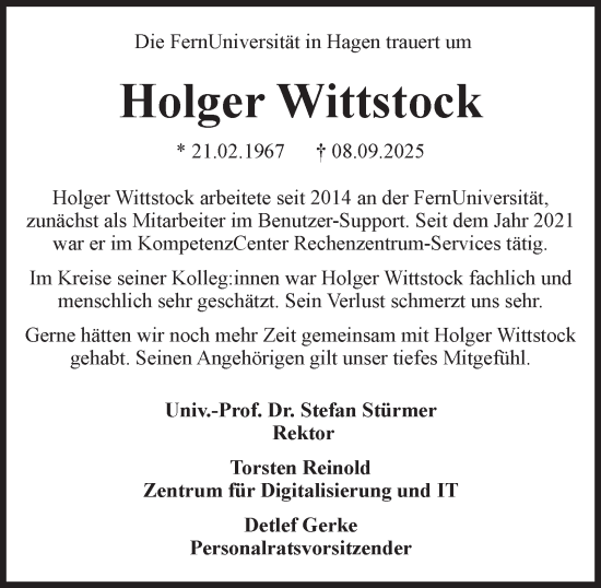 Traueranzeige von Holger Wittstock von Tageszeitung