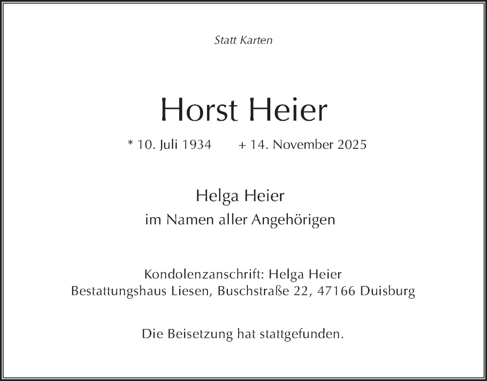  Traueranzeige für Horst Heier vom 29.11.2025 aus Tageszeitung