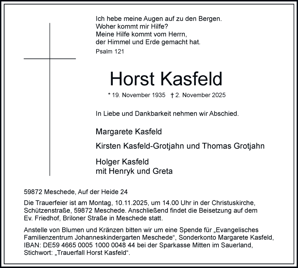  Traueranzeige für Horst Kasfeld vom 06.11.2025 aus Tageszeitung