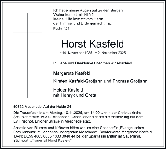 Traueranzeige von Horst Kasfeld von Tageszeitung