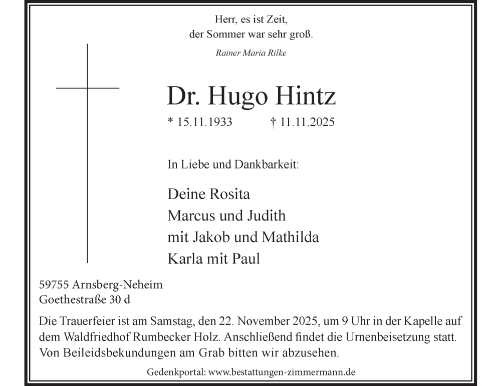  Traueranzeige für Hugo Hintz vom 15.11.2025 aus Tageszeitung