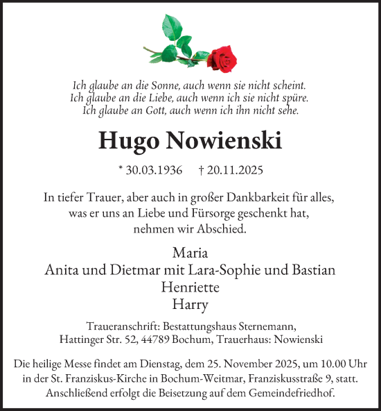 Traueranzeige von Hugo Nowienski von Tageszeitung