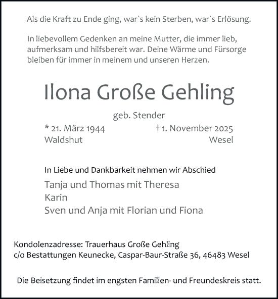 Traueranzeige von Ilona Große Gehling von Tageszeitung