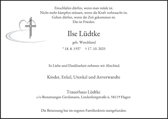 Traueranzeige von Ilse Lüdtke von Tageszeitung