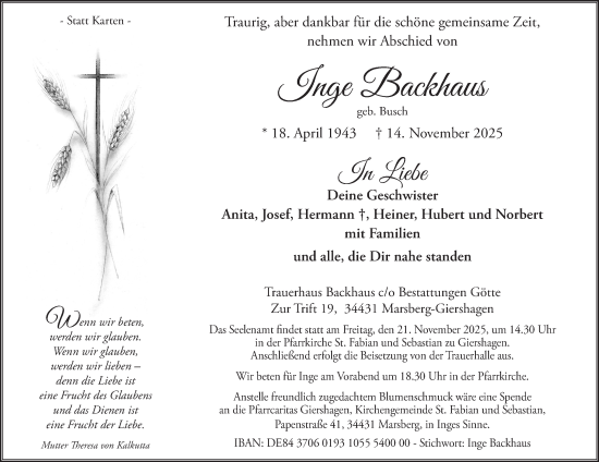 Traueranzeige von Inge Backhaus von Tageszeitung