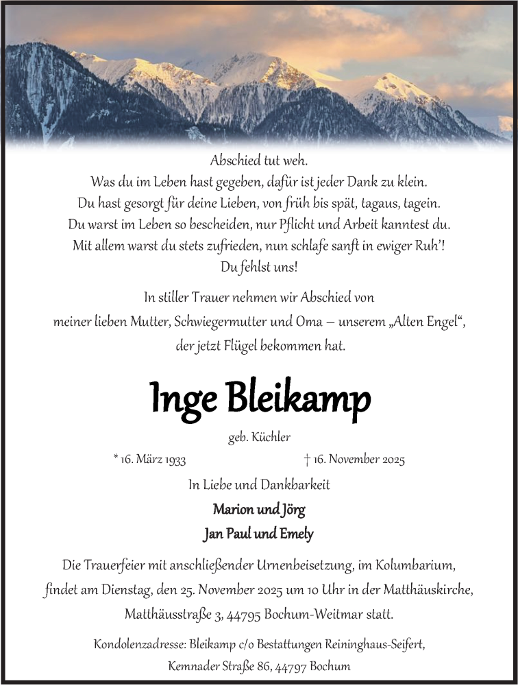  Traueranzeige für Inge Bleikamp vom 22.11.2025 aus Tageszeitung