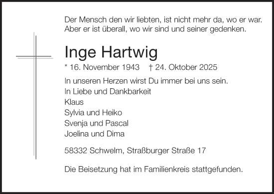 Traueranzeige von Inge Hartwig von Tageszeitung