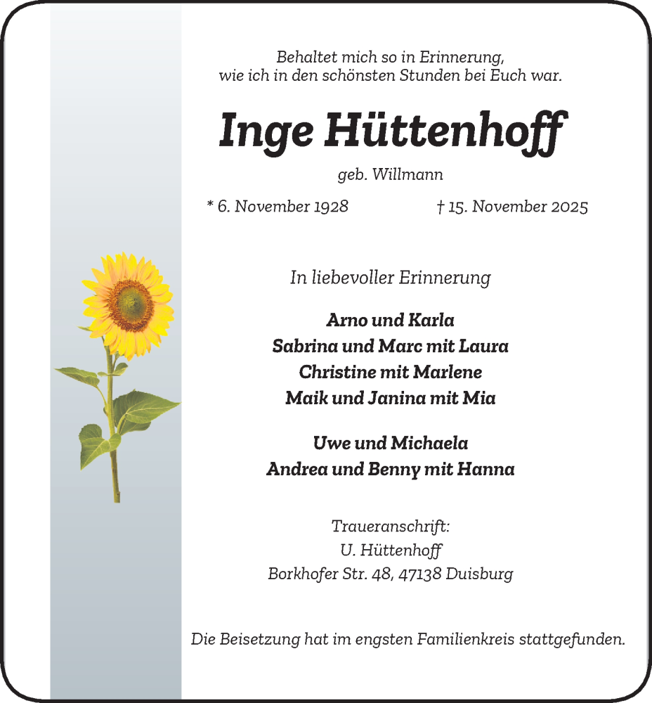  Traueranzeige für Inge Hüttenhoff vom 29.11.2025 aus Tageszeitung