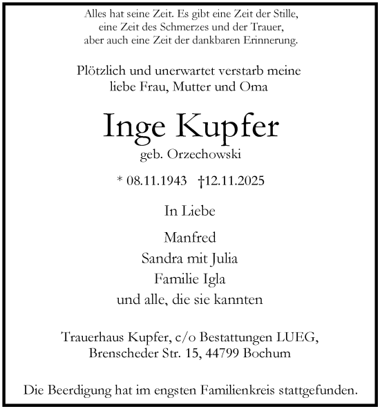 Traueranzeige von Inge Kupfer von Tageszeitung