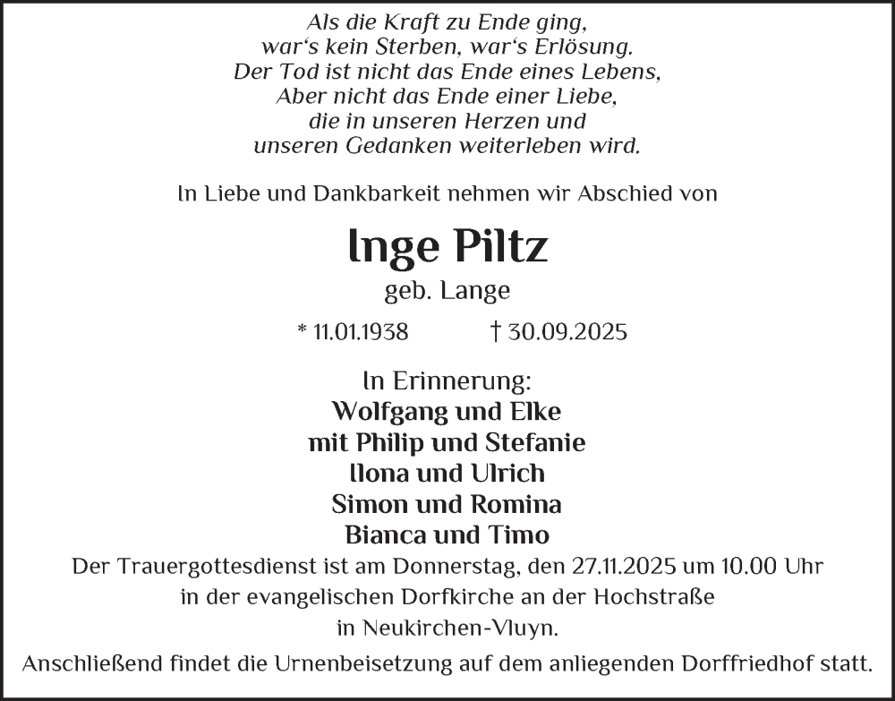  Traueranzeige für Inge Piltz vom 22.11.2025 aus Tageszeitung