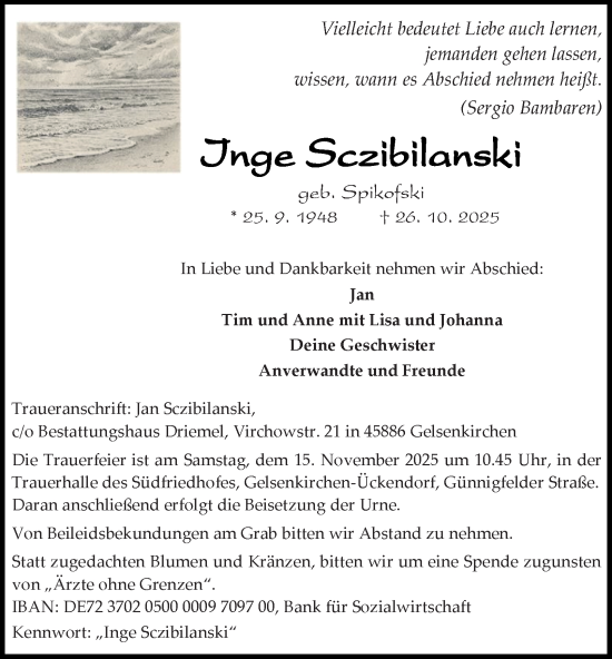 Traueranzeige von Inge Sczibilanski von Tageszeitung