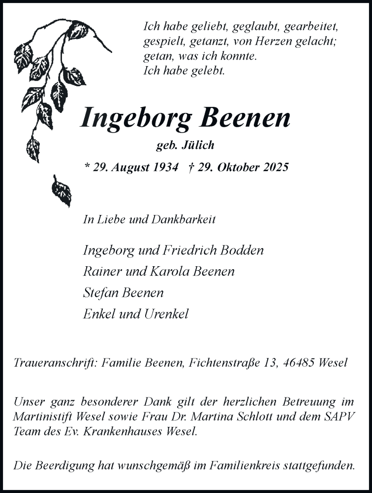  Traueranzeige für Ingeborg Beenen vom 08.11.2025 aus Tageszeitung