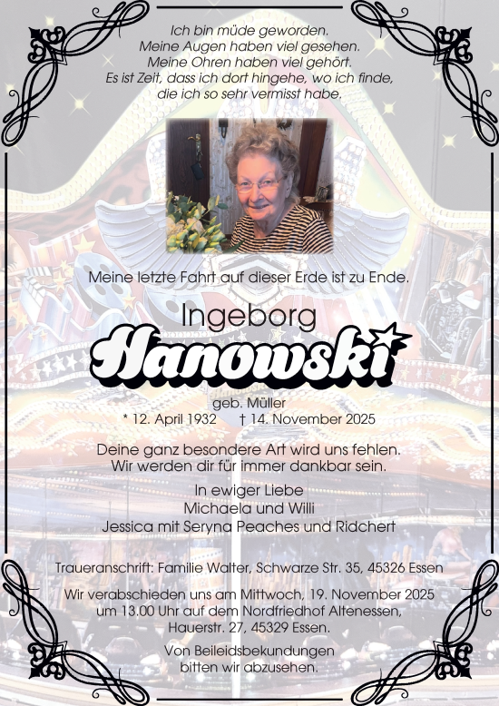 Traueranzeige von Ingeborg Hanowki von Tageszeitung