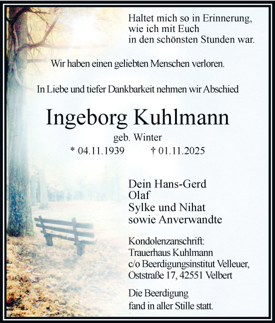Traueranzeige von Ingeborg Kuhlmann von Tageszeitung