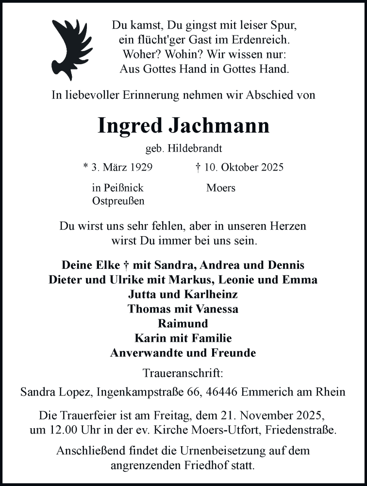  Traueranzeige für Ingred Jachmann vom 15.11.2025 aus Tageszeitung