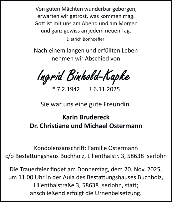 Traueranzeige von Ingrid Binhold-Kapke von Tageszeitung