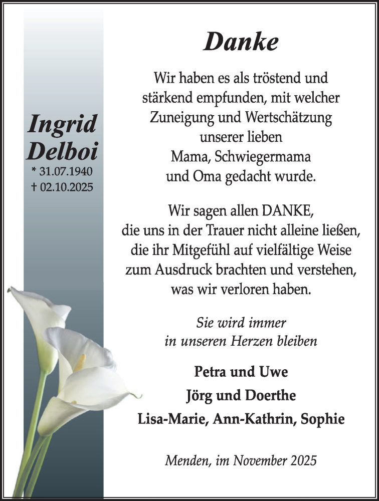  Traueranzeige für Ingrid Delboi vom 08.11.2025 aus Tageszeitung