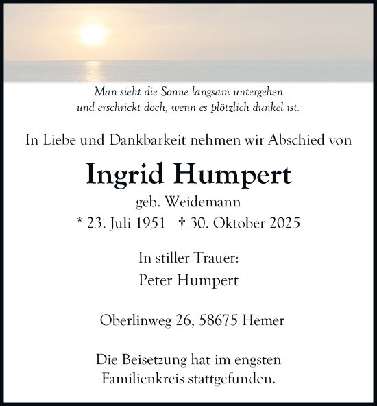 Traueranzeige von Ingrid Humpert von Tageszeitung