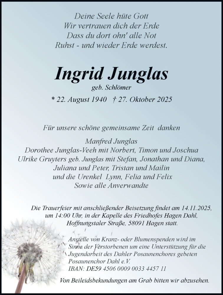  Traueranzeige für Ingrid Junglas vom 08.11.2025 aus Tageszeitung