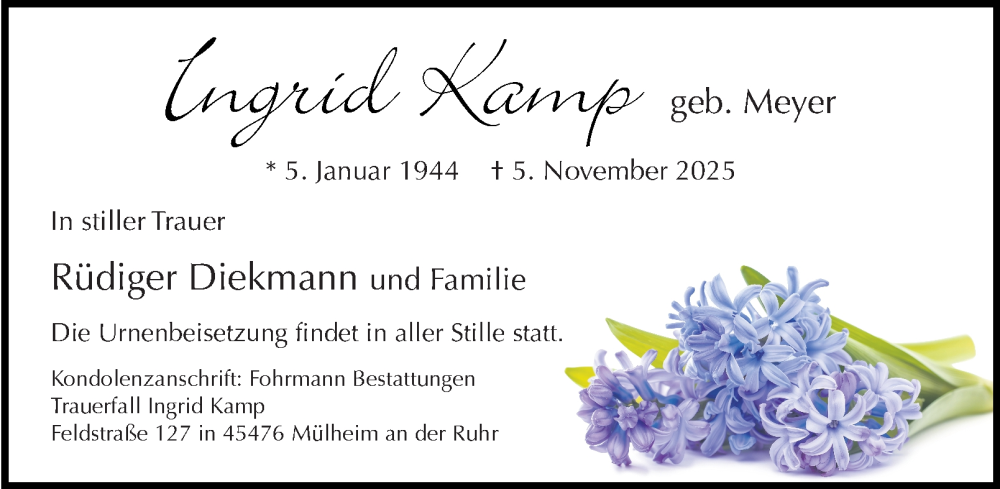  Traueranzeige für Ingrid Kamp vom 15.11.2025 aus Tageszeitung