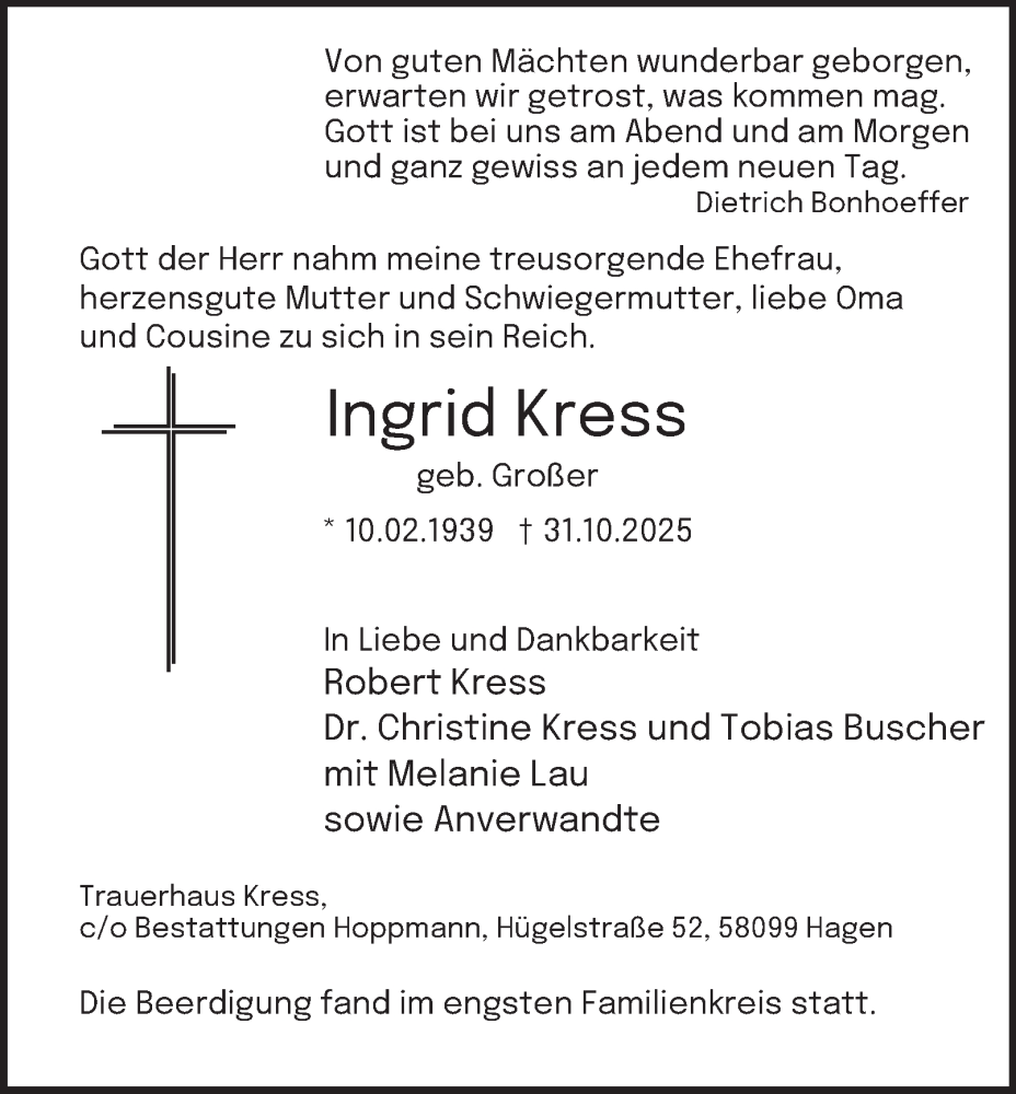  Traueranzeige für Ingrid Kress vom 08.11.2025 aus Tageszeitung