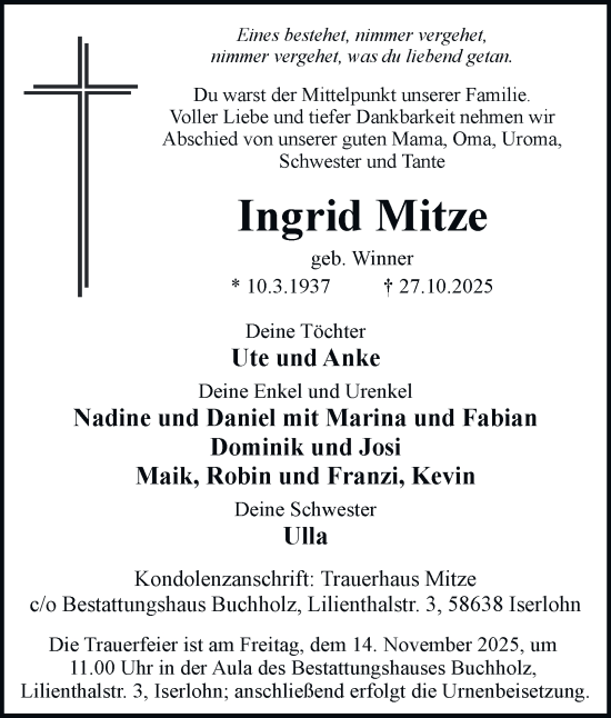 Traueranzeige von Ingrid Mitze von Tageszeitung