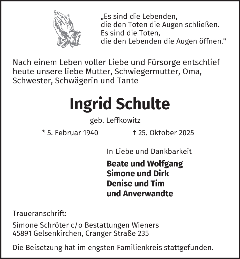  Traueranzeige für Ingrid Schulte vom 08.11.2025 aus Tageszeitung