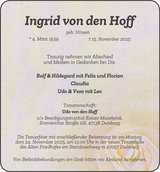 Traueranzeige von Ingrid von den Hoff von Tageszeitung