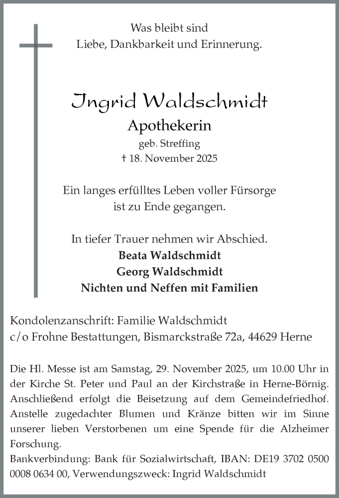  Traueranzeige für Ingrid Waldschmidt vom 22.11.2025 aus Tageszeitung