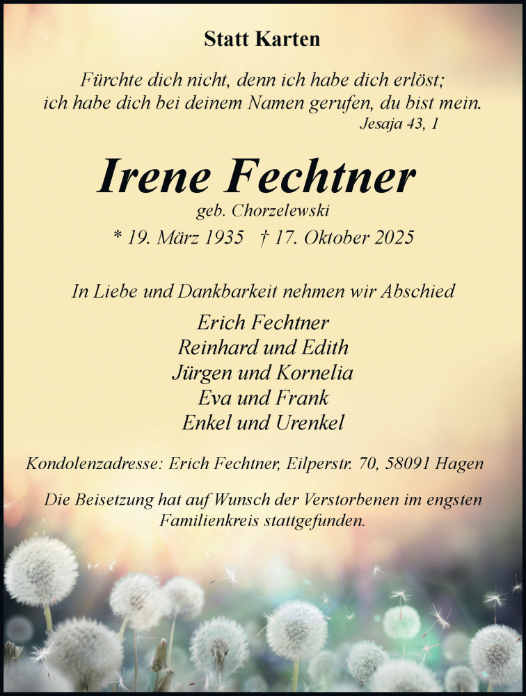  Traueranzeige für Irene Fechtner vom 22.11.2025 aus Tageszeitung