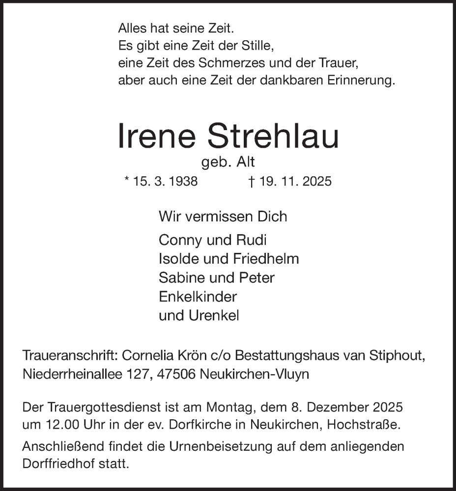  Traueranzeige für Irene Strehlau vom 29.11.2025 aus Tageszeitung