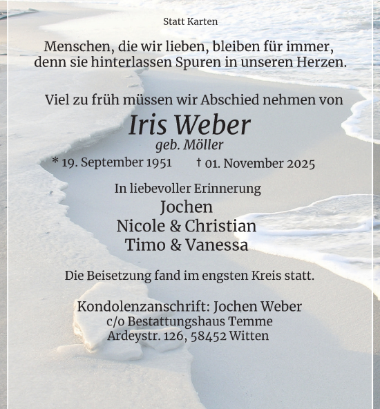 Traueranzeige von Iris Weber von Tageszeitung