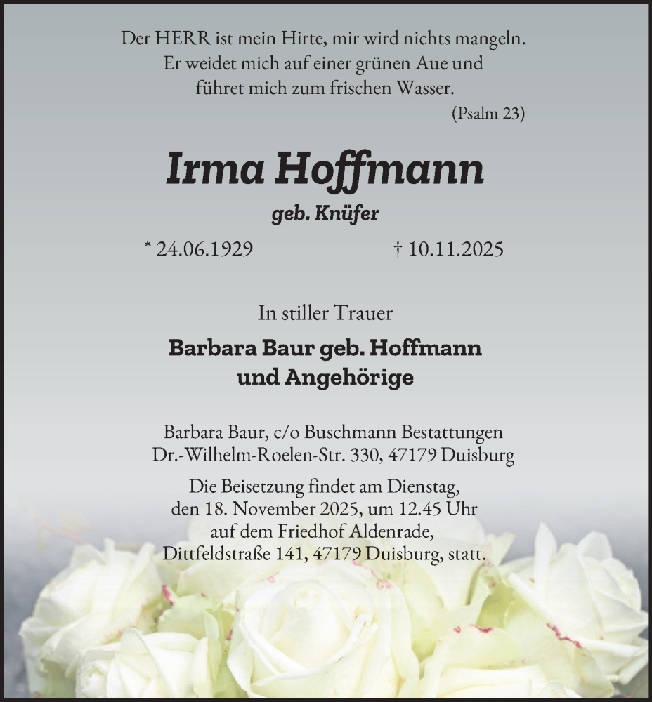  Traueranzeige für Irma Hoffmann vom 15.11.2025 aus Tageszeitung