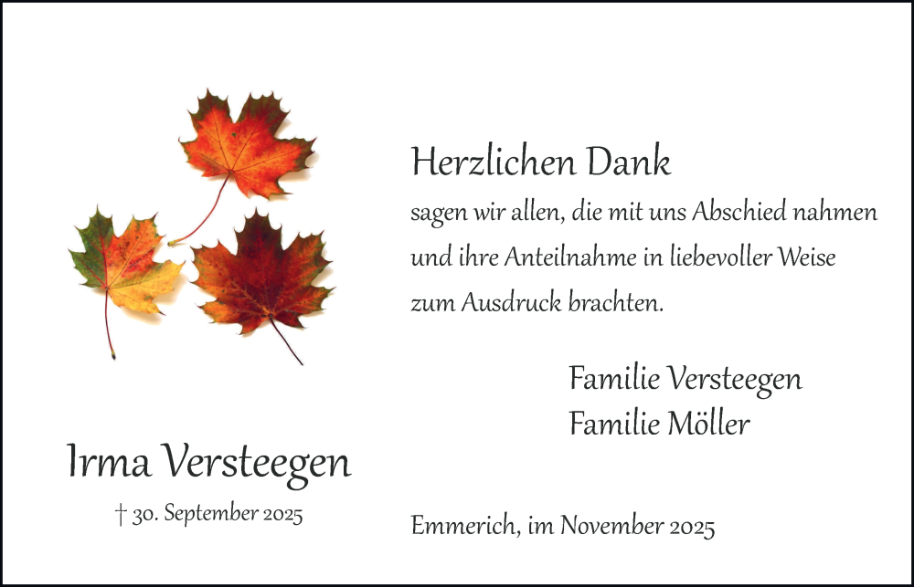  Traueranzeige für Irma Versteegen vom 22.11.2025 aus Tageszeitung