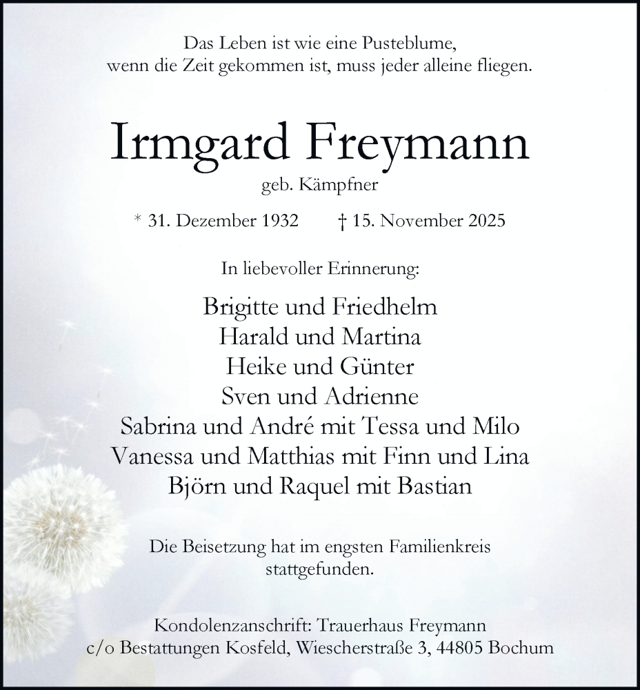  Traueranzeige für Irmgard Freymann vom 29.11.2025 aus Tageszeitung