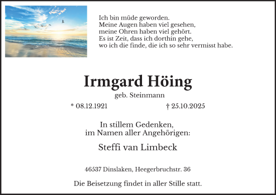 Traueranzeige von Irmgard Höing von Tageszeitung