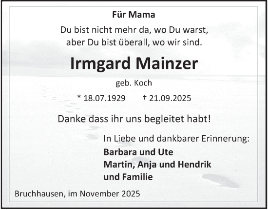 Traueranzeige von Irmgard Mainzer von Tageszeitung