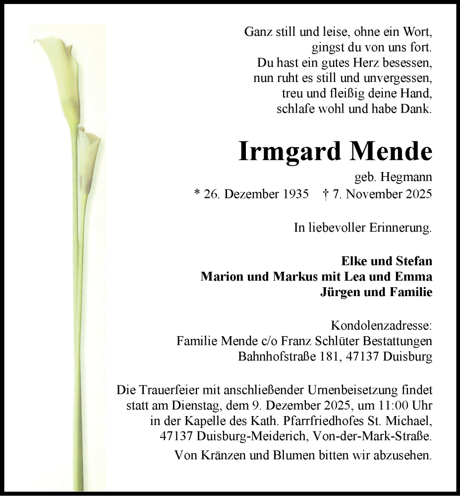  Traueranzeige für Irmgard Mende vom 29.11.2025 aus Tageszeitung